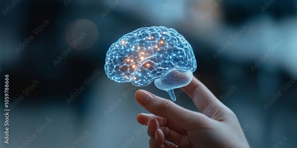Poster a hand holds a digitized brain with bright neural connections, symbolizing intellect and the synthes