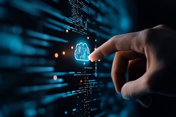 Fototapeta premium A finger touches a digital interface highlighting a cloud icon, symbolizing interactive cloud computing and connectivity within a modern technological framework.