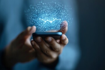 A close-up of an outstretched hand holding a smartphone with sparks flowing from the screen, symbolizing connectivity and instantaneous data exchange.
