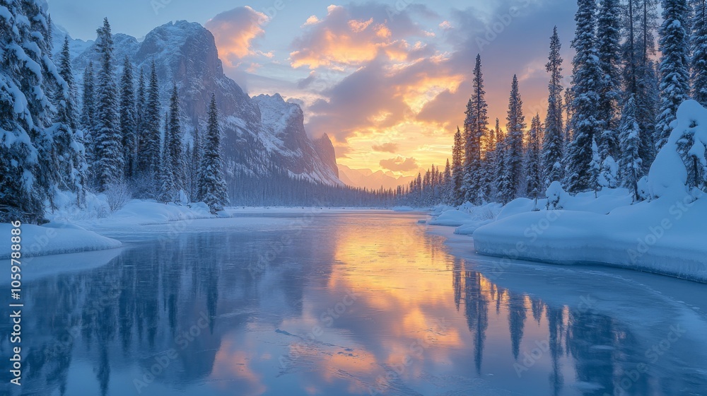 Poster a breathtaking sunset casts vibrant colors across a frozen river while towering pine trees frame the