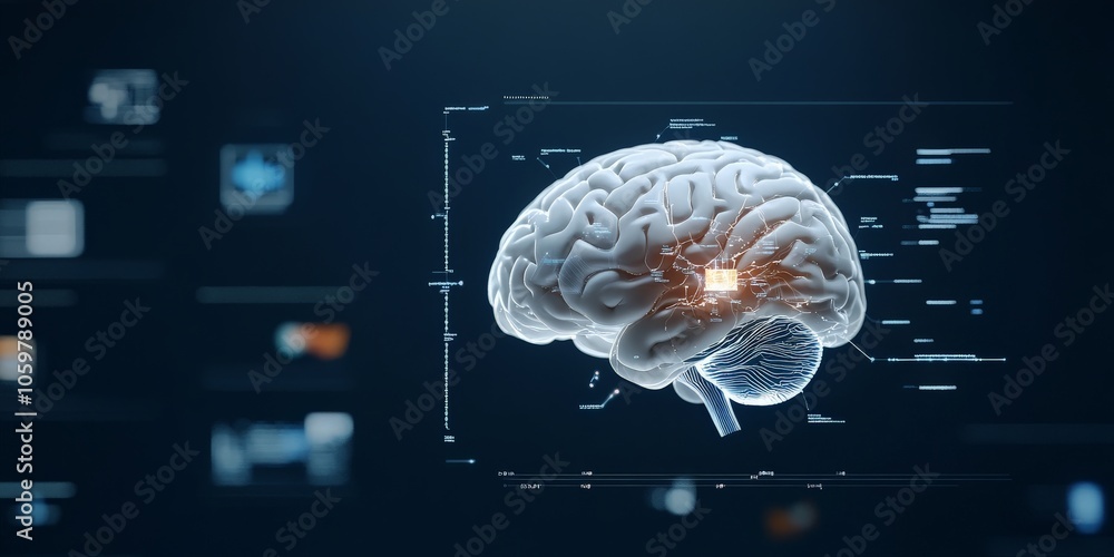 Poster this image presents a white, technologically augmented brain visual with detailed circuitry on displ
