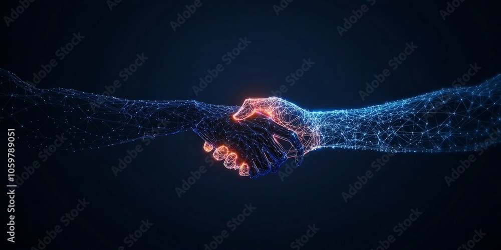 Poster a conceptual digital handshake between two glowing, human-like hands made of network-like patterns, 