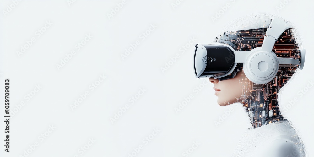 Aufkleber an advanced humanoid robot wearing a virtual reality headset, showcasing intricate circuit patterns 