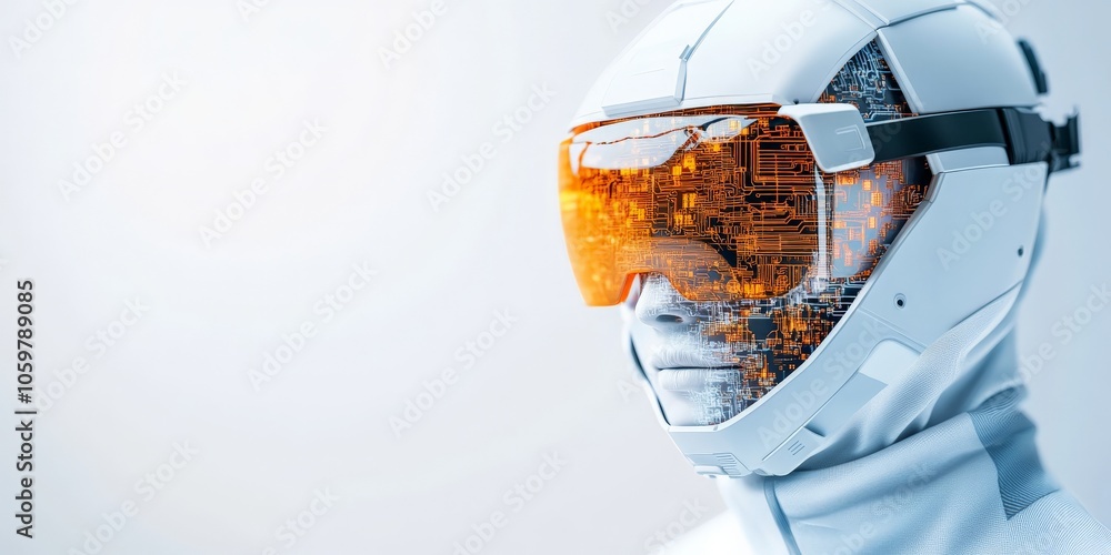 Poster a futuristic white helmet with a visible digital circuit design element suggests advanced technology
