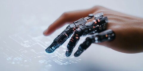 A robotic hand touches a glowing, futuristic digital interface, highlighting the integration of technology and human-like dexterity in a modern cyber world.