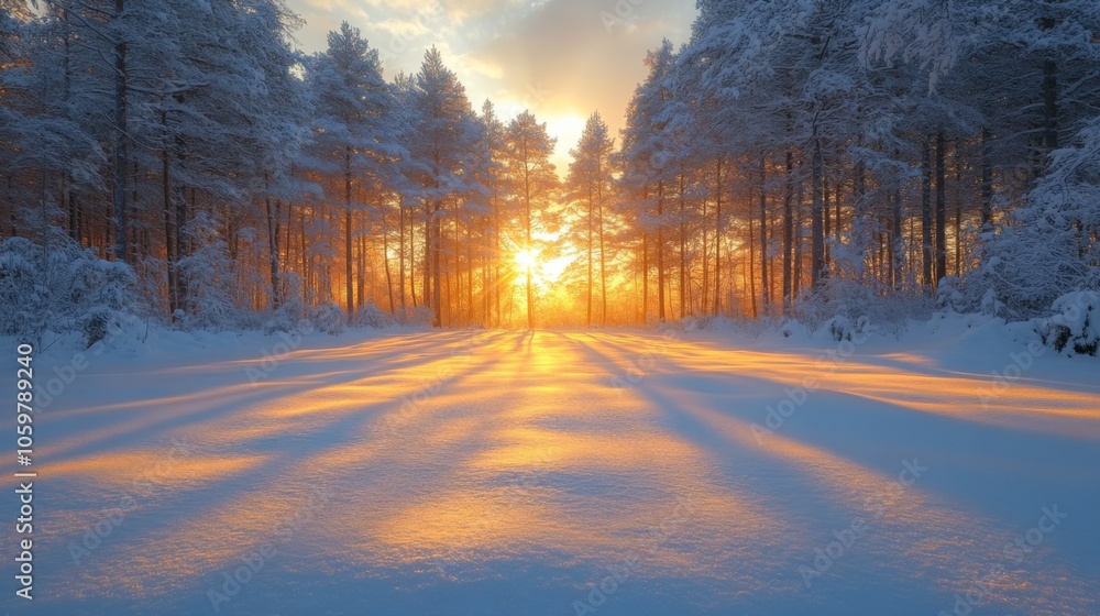 Fototapete a stunning view of a snowy path surrounded by tall trees at sunset. the golden light casts long shad