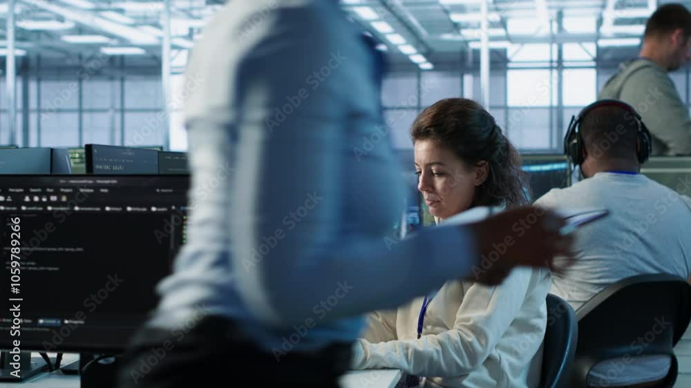 Aufkleber upbeat computer scientist working in high tech server hub capable of processing vast amounts of data
