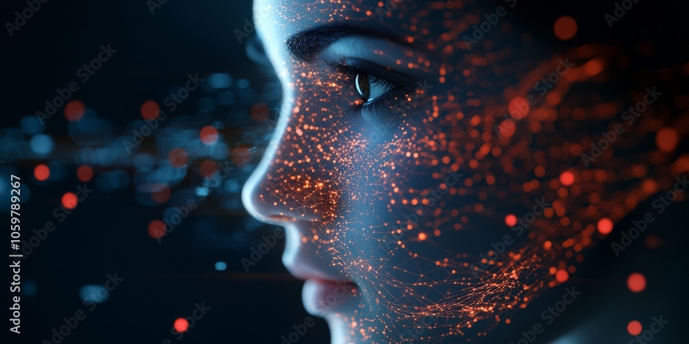 Poster a side view of a human face intricately overlaid with digital networks and abstract connections conv