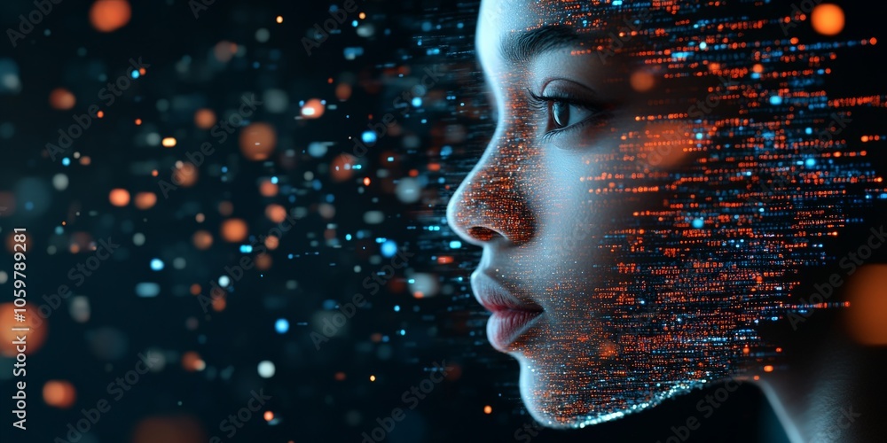 Poster a digital representation of a human face integrated with abstract data points, symbolizing the fusio