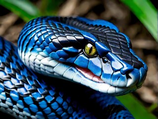 Dramatic snake portrait with glossy scales, fangs exposed, blue viper on black