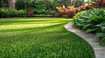 Obraz premium Lush Green Lawn with Curved Pathway in Garden Landscape