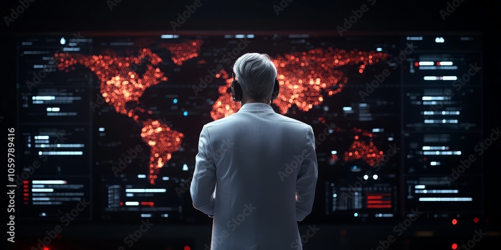 Poster A person in white standing in front of a large screen displaying a global map with numerous data points, symbolizing worldwide connectivity and monitoring capabilities.