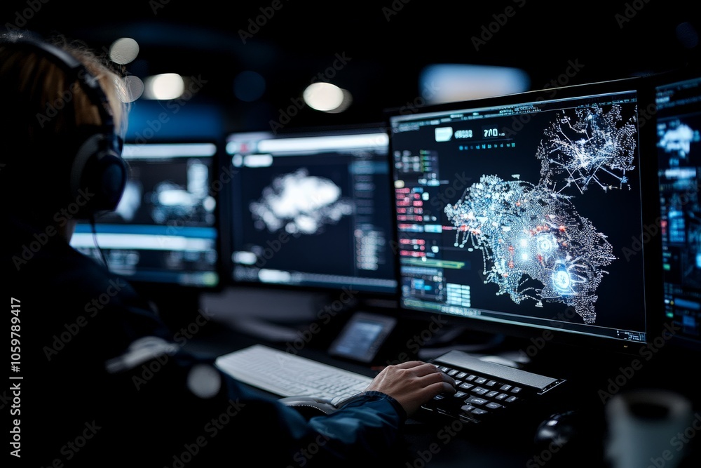 Poster a person wearing headphones working on a computer surrounded by digital data maps and analytics, hig