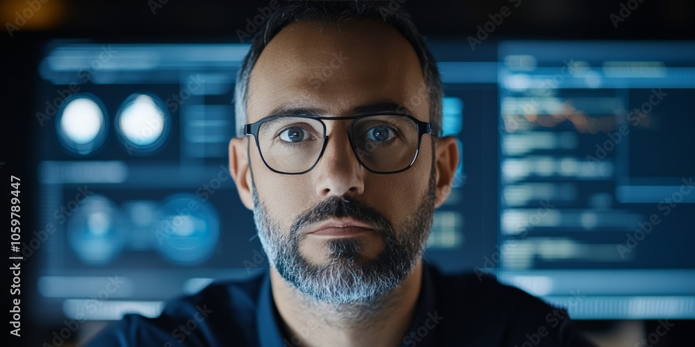 Poster a focused man with glasses stands before multiple data-filled screens, immersed in analysis with gra