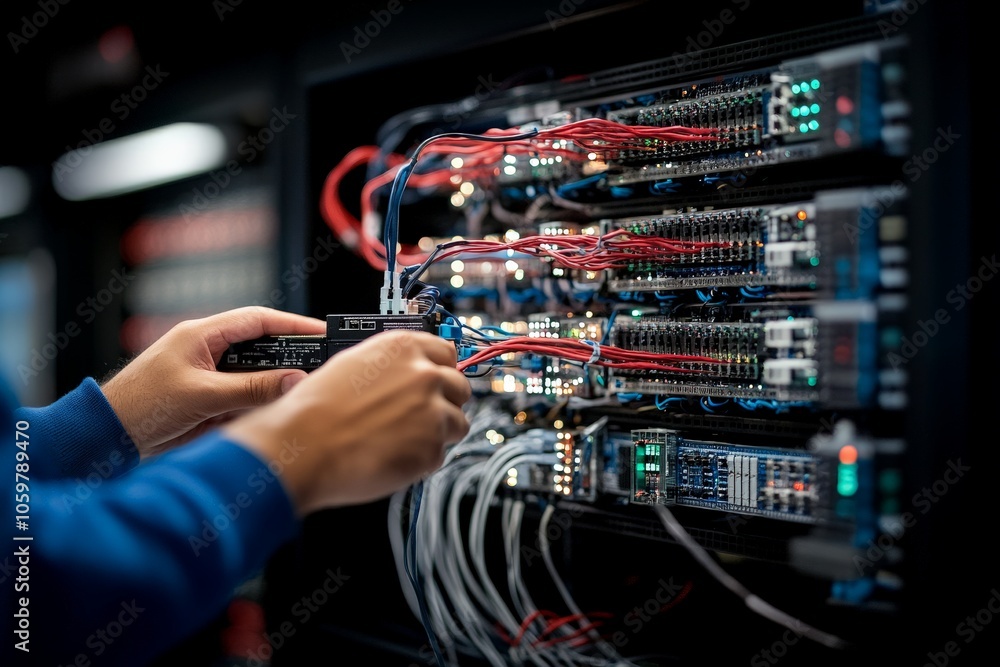 Poster a technician works meticulously adjusting and managing a complex network of cables within an advance