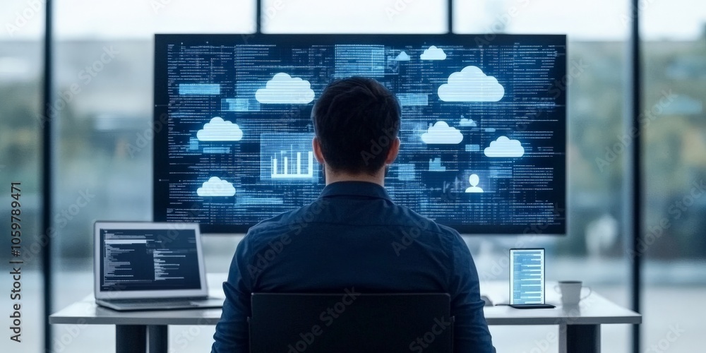 Poster a man's back is turned to large screens displaying cloud data and graphics in an open, tech-forward 