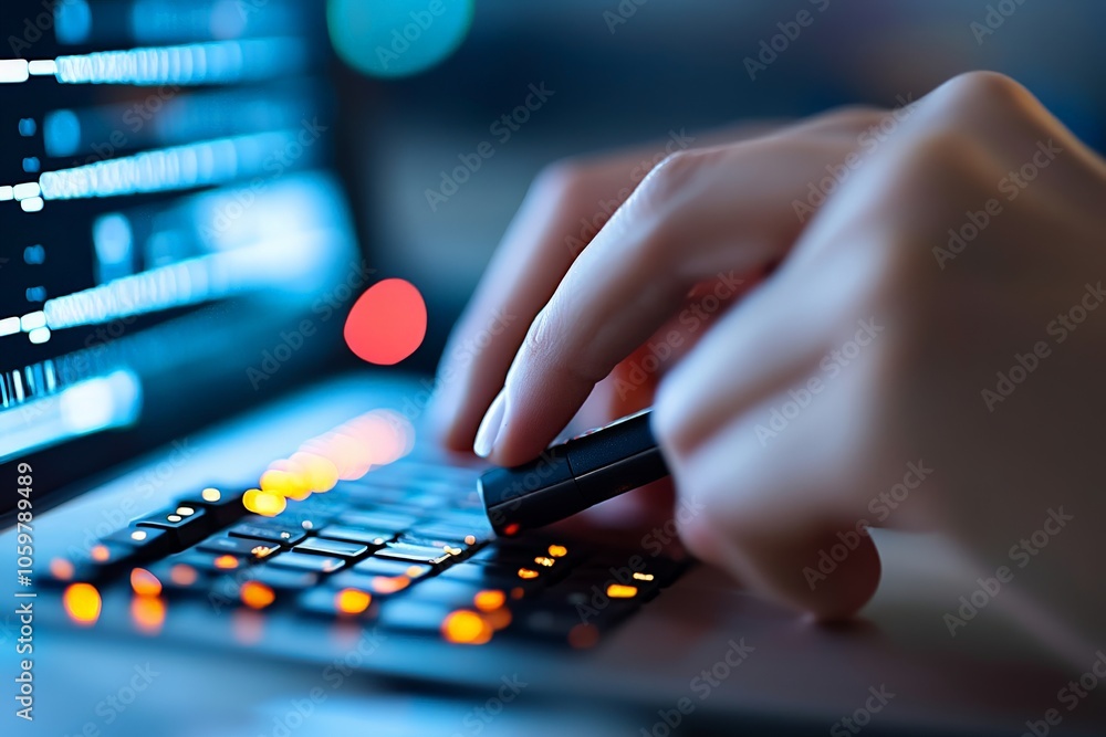 Poster detailed image of fingers typing swiftly on an illuminated laptop keyboard, the soft glow highlighti