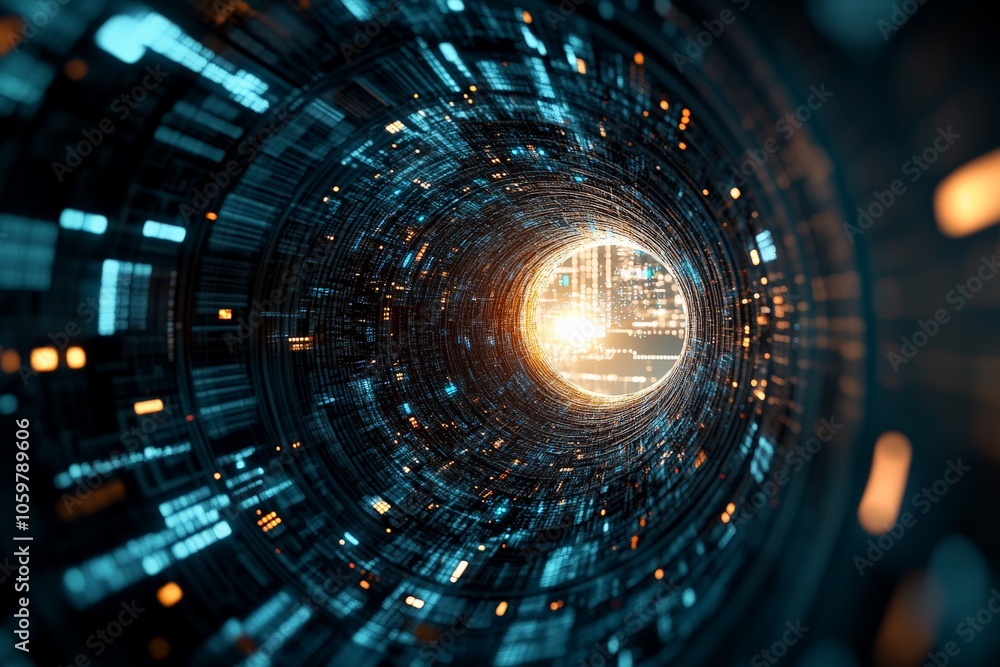 Poster a mesmerizing view through a tunnel of data streams with a bright, glowing energy source at the end,