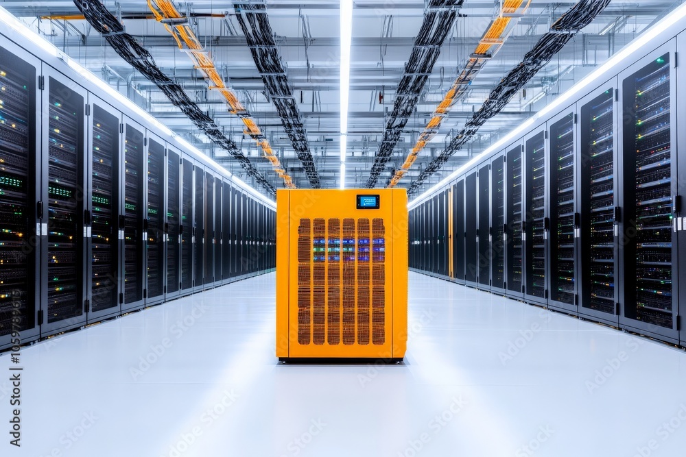 Poster a brightly illuminated data center hallway featuring a central orange structure, symbolizing modern 