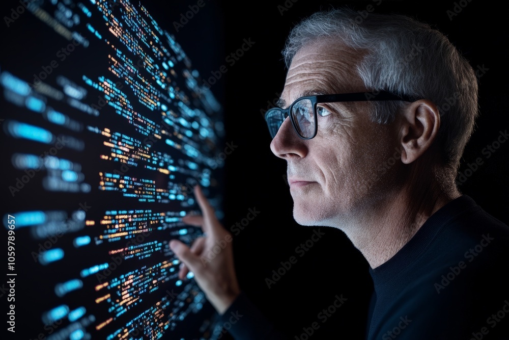 Poster an elderly man with glasses closely examines a screen displaying digital code, emphasizing themes of