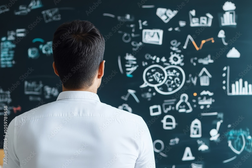 Poster a man looks at a dark wall covered in abstract sketches and graphs, representing themes of creativit