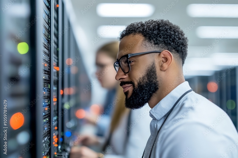 Poster an it specialist in a data center, focusing on server maintenance and operations, highlighted by glo