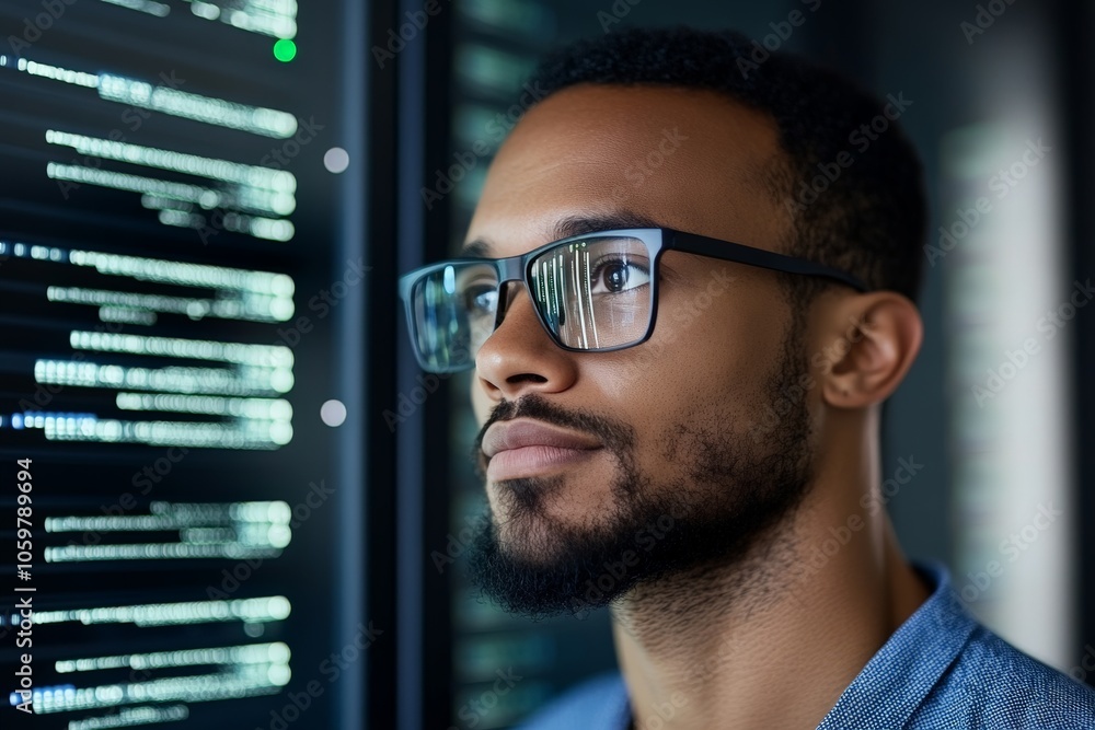 Poster an engineer deep in thought observing informational data on a glowing server board, representing cri