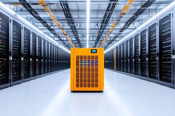 A brightly illuminated data center hallway featuring a central orange structure, symbolizing modern technological infrastructure and efficient data operations.