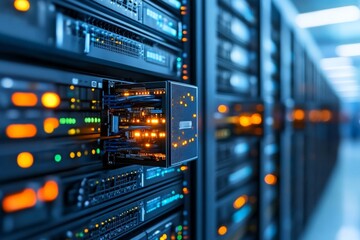 Naklejka premium Rows of advanced server racks in a data center with illuminated indicators showcasing cutting-edge technology, representing computing power and digital infrastructure.