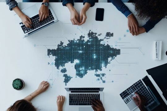 A collection of diverse hands working on laptops surrounding a digital global map, symbolizing international collaboration and technological global connectivity.