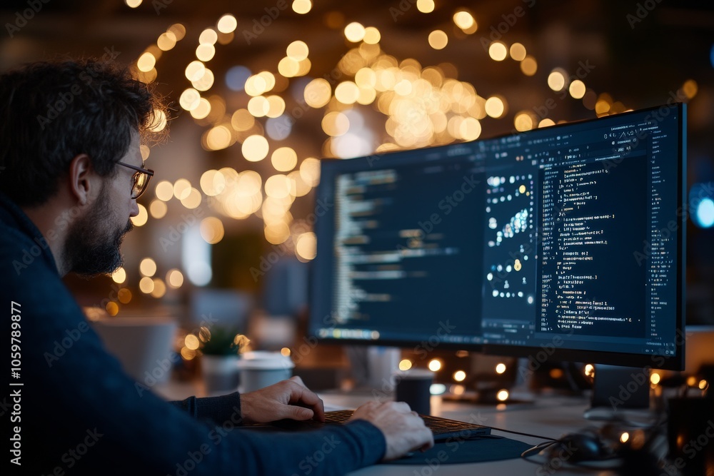 Poster a programmer focused on writing code on a large monitor in an office setting, decorated with warm li