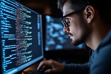 An intense close-up of computer code on a developer’s screen, suggesting precision and meticulousness in software development within the realm of technology.