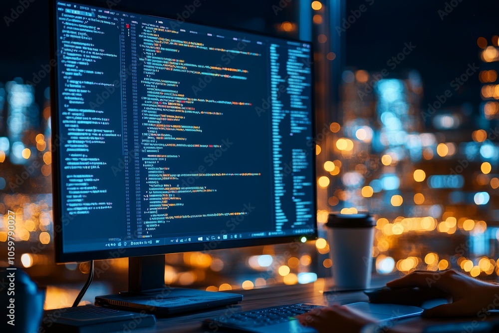 Poster amidst a scenic cityscape at night, a person works on a desktop computer with code displayed across 