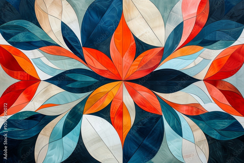 Poster colorful leaf pattern design featuring bold shapes and vibrant colors on a textured background. gene