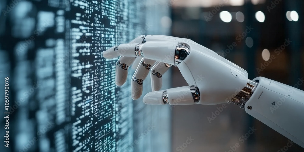 Poster a cybernetic white robot hand interacts with a glowing digital code display, symbolizing the fusion 