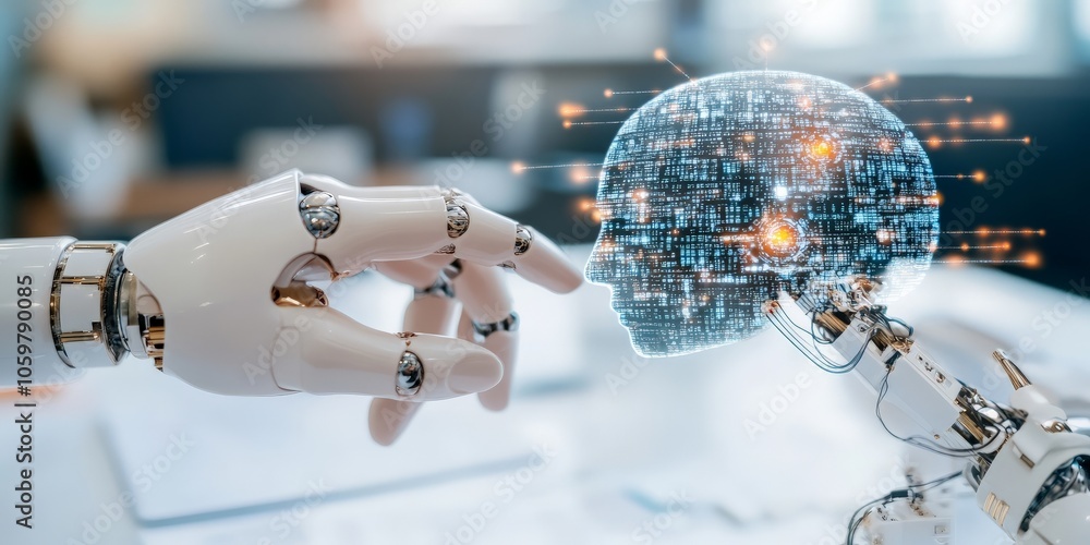 Poster a robot hand reaches toward a digital glowing brain, illustrating the integration of artificial inte