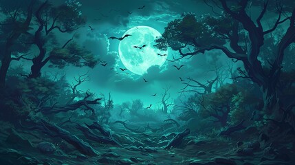 Fototapeta premium Eerie Enchantment: Haunted Halloween Forest Landscape Under a Full Moon