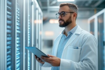 Fototapeta premium A bearded man, wearing glasses and a lab coat, holds a digital tablet, attentively observing data in a modern, well-lit server room.