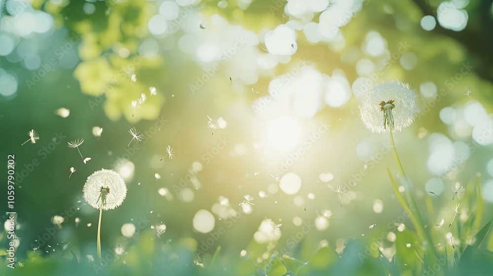 Poster dandelion seeds floating in soft light