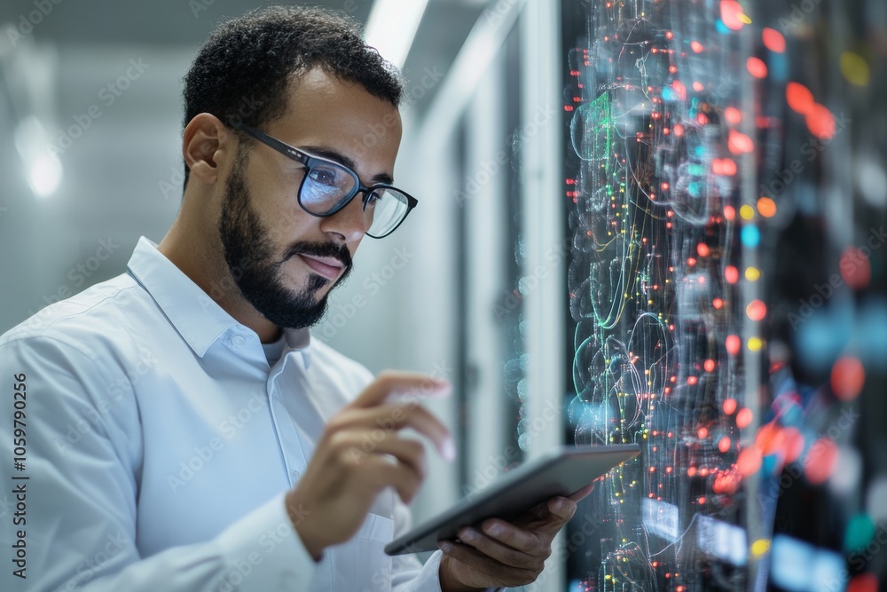 Poster an individual is analyzing complex data on a tablet surrounded by servers, emphasizing expertise and