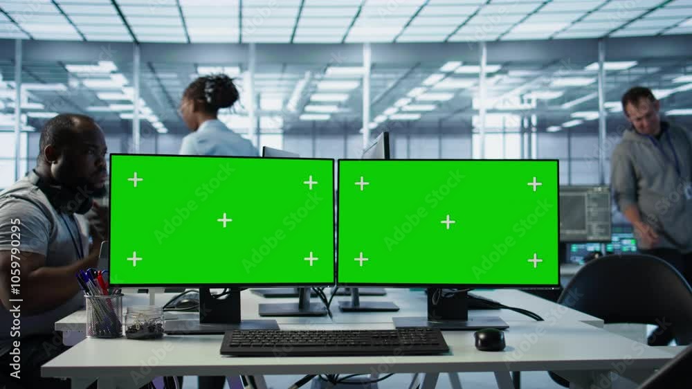 Poster green screen pc multi monitor setup in server hub workspace used to repair devices storing datasets.