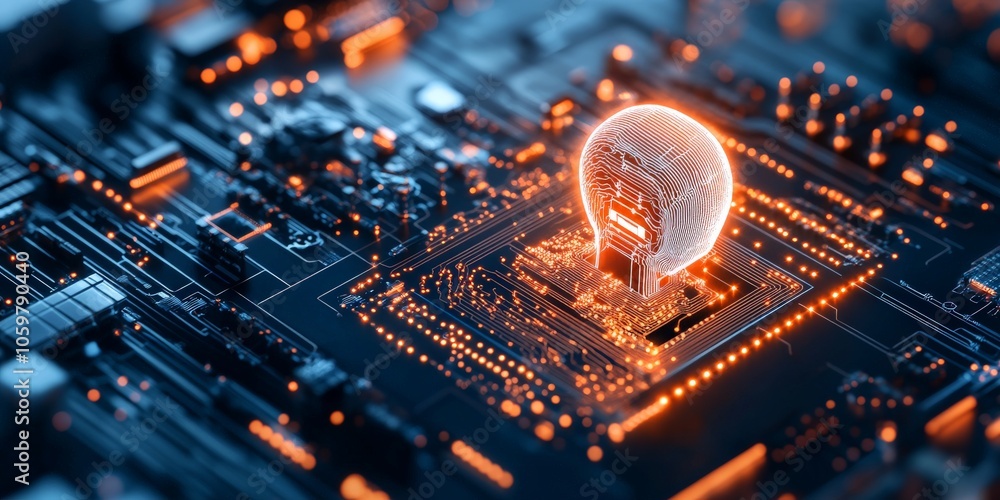 Poster a digital illustration featuring a futuristic microchip design with glowing orange circuits and comp
