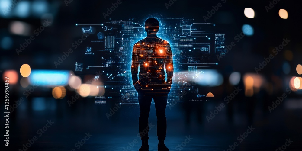 Poster a person stands silhouetted against a futuristic digital interface, glowing with vibrant data stream