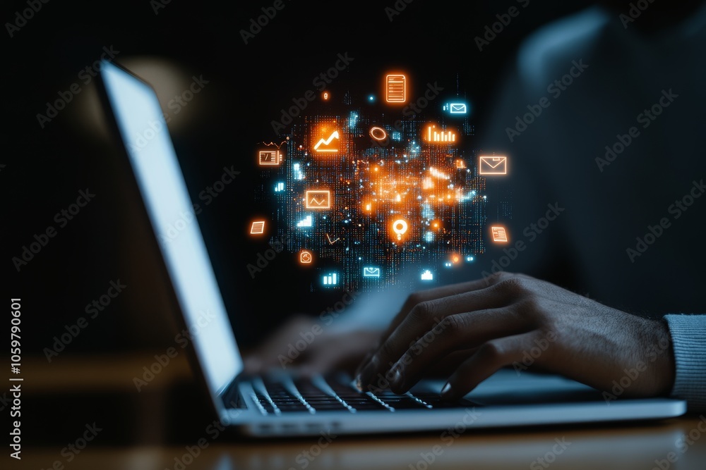 Poster a person using a laptop with digital icons representing data, charts, and communication, symbolizing