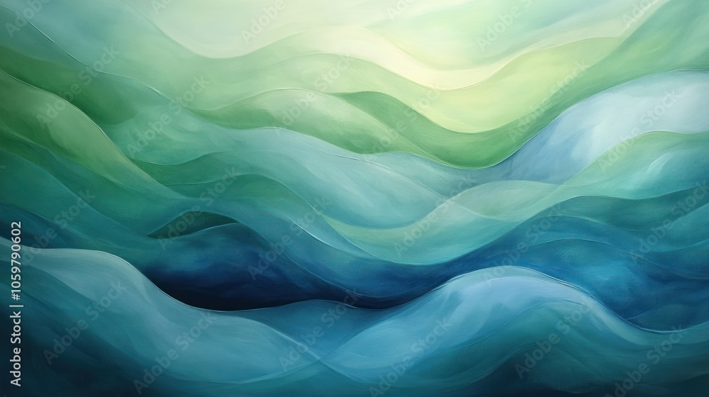 Poster abstract background with green and blue wavy lines creating a ripple effect.
