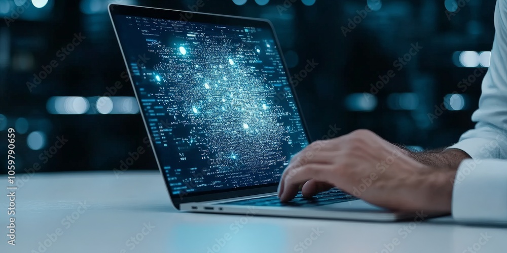 Poster a person analyzing intricate data structures displayed in blue on a laptop screen, in a setting char