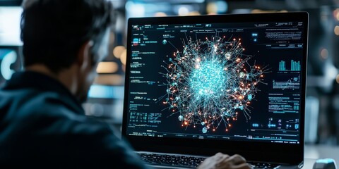 Fototapeta premium A person observing a vibrant, complex digital network on a laptop screen, showcasing data visualization, artificial intelligence, and modern technology insights.