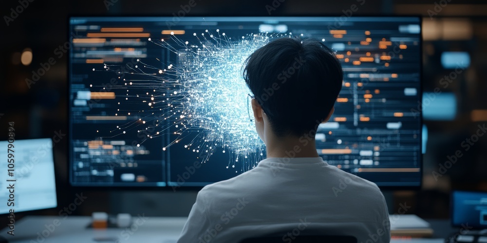 Poster a man sits in front of a large display, analyzing intricate data visualizations and network connecti