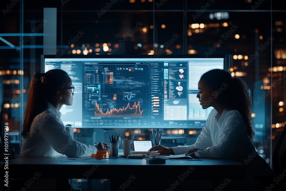 Aufkleber two analysts intensely review data projections on a large monitor, analyzing graphs and charts in an