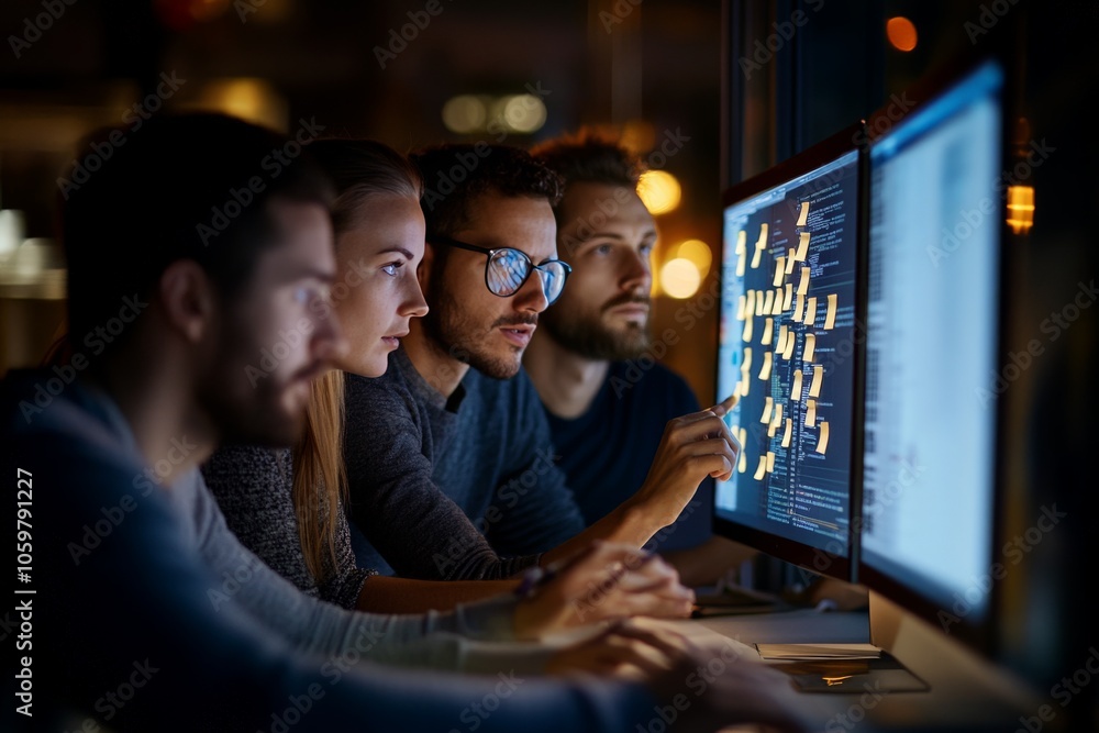 Poster a team collaborates on coding a project, huddled around a monitor with sticky notes showing ideas; t